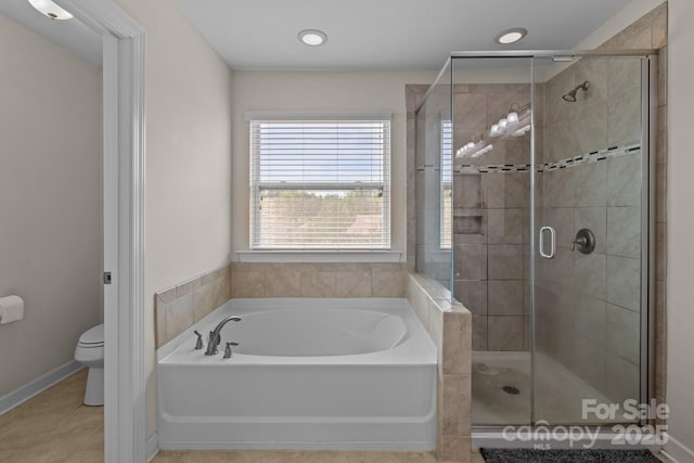 2835 Berkhamstead Cir, Concord, NC 28027 - full bathroom featuring a stall shower, a bath, toilet, tile patterned flooring, and baseboards