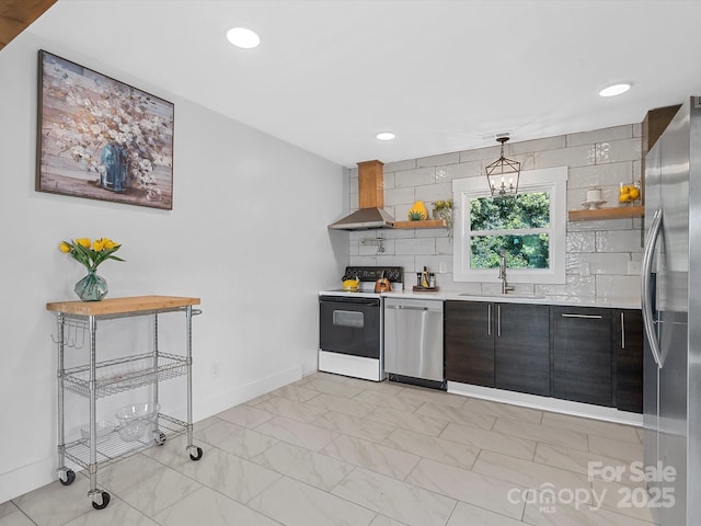 kitchen with appliances with stainless steel finishes, open shelves, a sink, light countertops, and tasteful backsplash