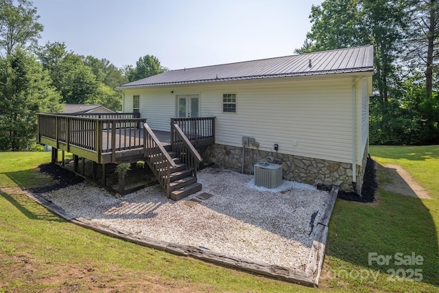 905 Severt Cir, Lenoir, NC 28645 - back of house with french doors, a deck, a lawn, metal roof, and cooling unit