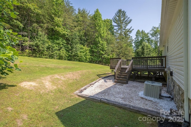 905 Severt Cir, Lenoir, NC 28645 - view of grassy yard with cooling unit, a wooden deck, and stairs