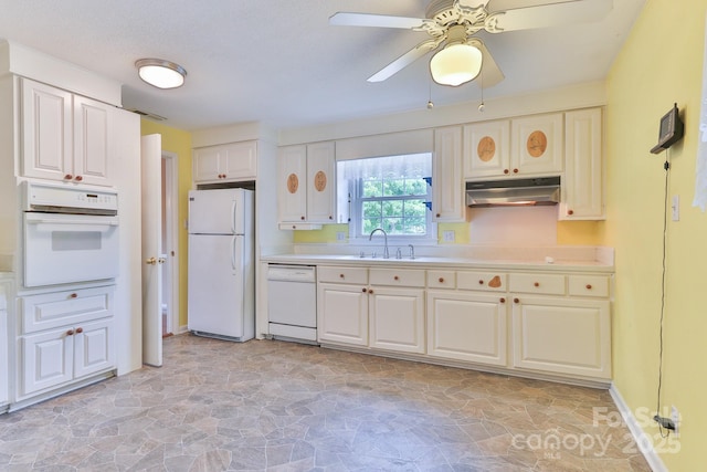 466 Shiloh Church Rd, Hickory, NC 28601 - kitchen with white appliances, under cabinet range hood, light stone finish floors, light countertops, and ceiling fan