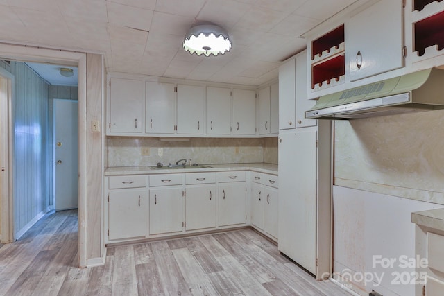 466 Shiloh Church Rd, Hickory, NC 28601 - kitchen featuring light countertops, open shelves, light wood finished floors, white cabinetry, and exhaust hood