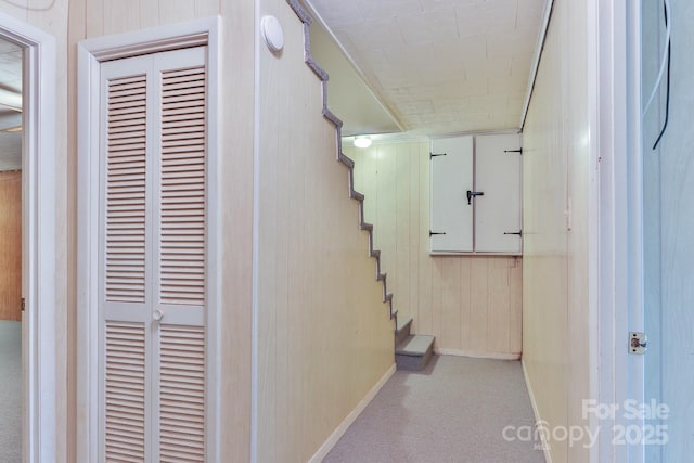 466 Shiloh Church Rd, Hickory, NC 28601 - corridor with stairs, carpet, and wood walls