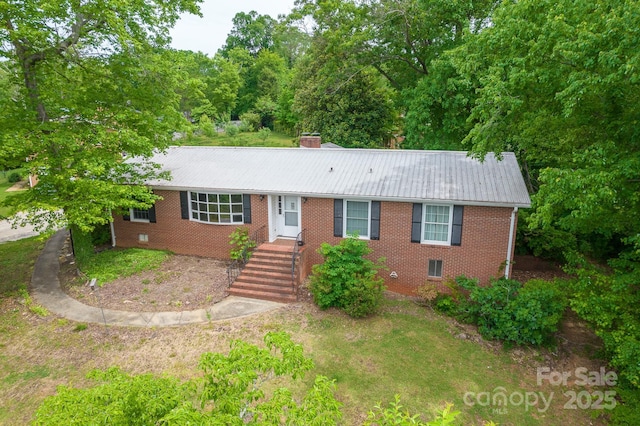 466 Shiloh Church Rd, Hickory, NC 28601 - ranch-style house featuring brick siding, a metal roof, and a chimney