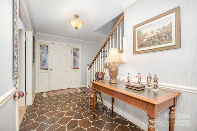 4630 Woodleaf Rd, Salisbury, NC 28147 - entrance foyer featuring stone floors, crown molding, and stairs