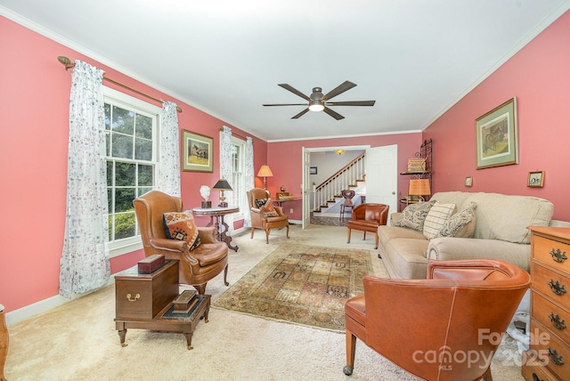 4630 Woodleaf Rd, Salisbury, NC 28147 - living room featuring stairway, ornamental molding, carpet flooring, a ceiling fan, and plenty of natural light