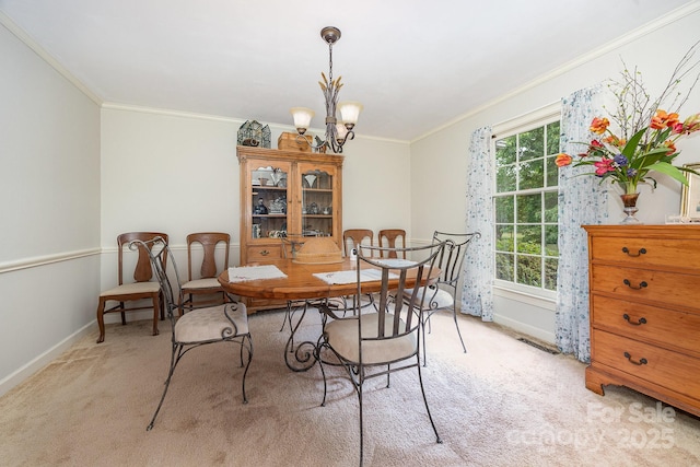 4630 Woodleaf Rd, Salisbury, NC 28147 - dining space with light carpet, baseboards, crown molding, and a chandelier