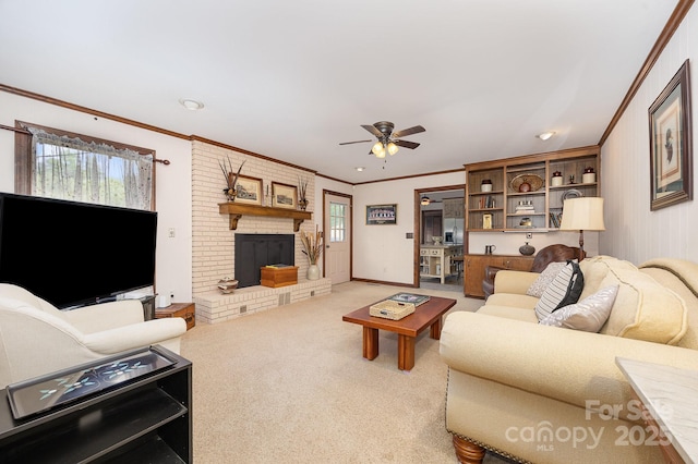 4630 Woodleaf Rd, Salisbury, NC 28147 - living area featuring healthy amount of natural light, ceiling fan, ornamental molding, light carpet, and a brick fireplace