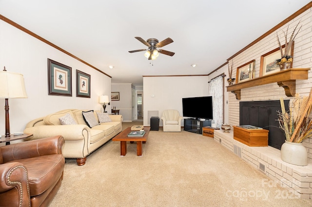4630 Woodleaf Rd, Salisbury, NC 28147 - carpeted living room featuring ornamental molding, a ceiling fan, and a fireplace