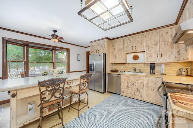 4630 Woodleaf Rd, Salisbury, NC 28147 - kitchen with stainless steel appliances, light countertops, a sink, crown molding, and tasteful backsplash