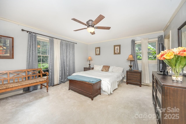 4630 Woodleaf Rd, Salisbury, NC 28147 - bedroom with crown molding, multiple windows, light colored carpet, and a ceiling fan