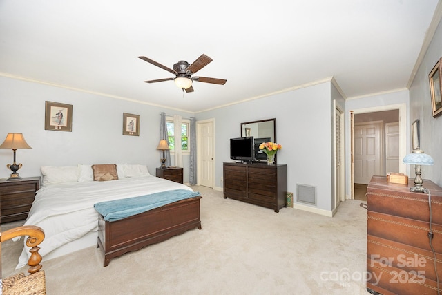4630 Woodleaf Rd, Salisbury, NC 28147 - bedroom featuring crown molding, light colored carpet, ceiling fan, and baseboards
