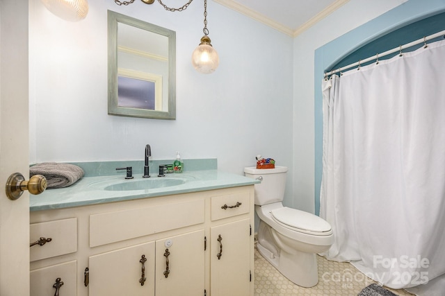 4630 Woodleaf Rd, Salisbury, NC 28147 - bathroom featuring crown molding, toilet, vanity, tile patterned floors, and a shower with shower curtain