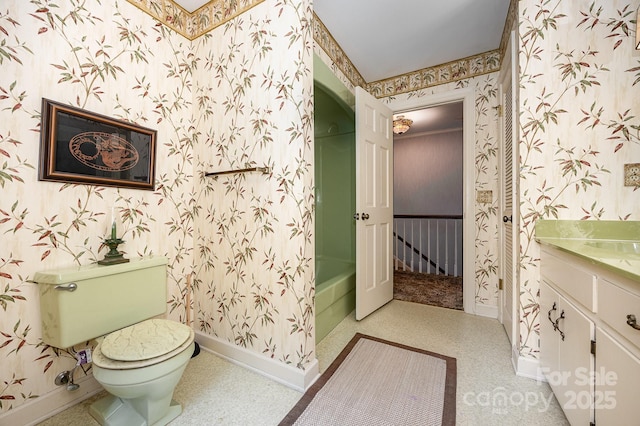 4630 Woodleaf Rd, Salisbury, NC 28147 - full bath with wallpapered walls, baseboards, toilet, vanity, and shower / tub combination