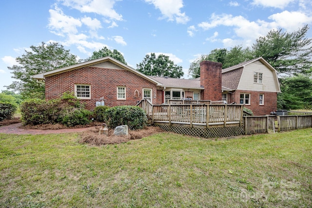 4630 Woodleaf Rd, Salisbury, NC 28147 - back of house with brick siding, a gambrel roof, a deck, and a chimney