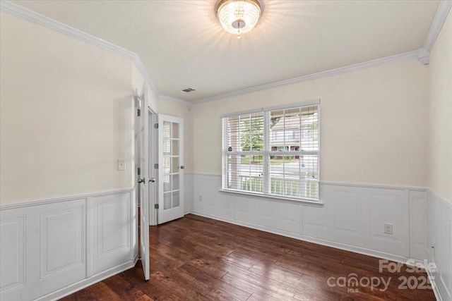 2515 Walnut Forest Dr, Charlotte, NC 28216 - unfurnished room with a wainscoted wall, ornamental molding, dark wood finished floors, and french doors