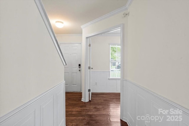 2515 Walnut Forest Dr, Charlotte, NC 28216 - hallway with a decorative wall, a wainscoted wall, ornamental molding, and dark wood-style floors