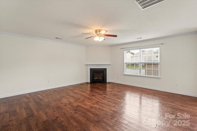 2515 Walnut Forest Dr, Charlotte, NC 28216 - unfurnished living room with ceiling fan, wood finished floors, a fireplace with flush hearth, ornamental molding, and baseboards