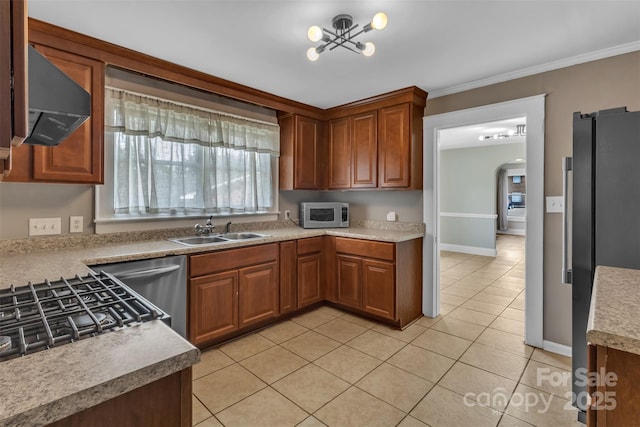 111 E Church St, Stanley, NC 28164 - kitchen featuring freestanding refrigerator, a sink, extractor fan, light tile patterned flooring, and baseboards