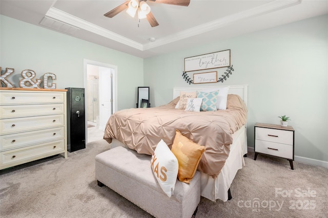 7530 Porrera St, Charlotte, NC 28214 - bedroom featuring light carpet, crown molding, a tray ceiling, ensuite bath, and a ceiling fan
