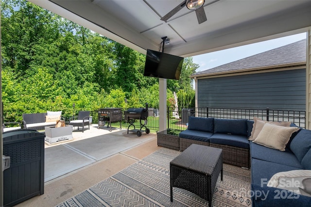 7530 Porrera St, Charlotte, NC 28214 - view of patio featuring an outdoor living space with a fire pit, ceiling fan, and area for grilling
