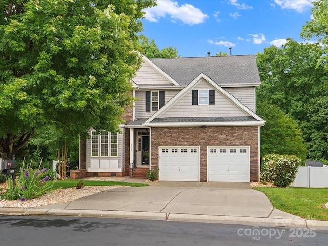 3038 Sterling Ct, Fort Mill, SC 29707 - view of front facade with concrete driveway, a shingled roof, an attached garage, and crawl space