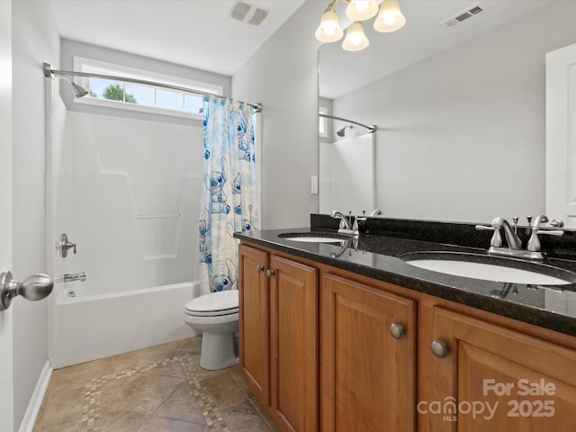 3038 Sterling Ct, Fort Mill, SC 29707 - full bathroom with shower / bath combination with curtain, toilet, double vanity, and tile patterned flooring