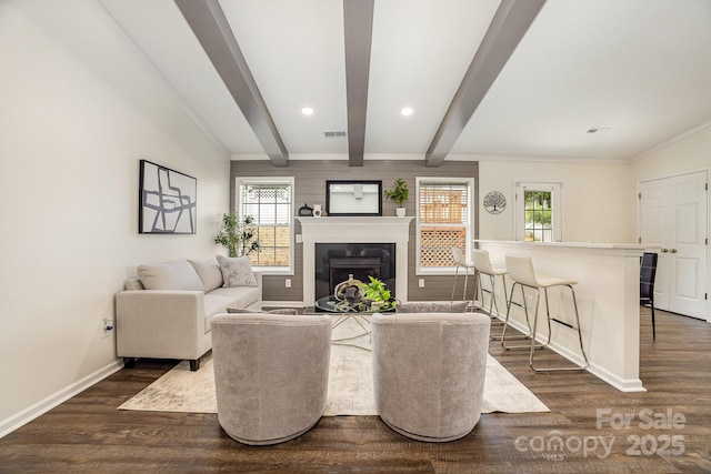 1776 Baylor Dr, Rock Hill, SC 29732 - living room with baseboards, beamed ceiling, a fireplace, dark wood finished floors, and ornamental molding