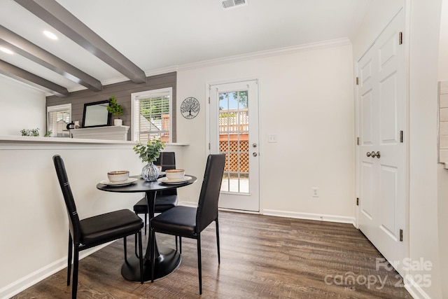 1776 Baylor Dr, Rock Hill, SC 29732 - dining area featuring wood finished floors, baseboards, beam ceiling, ornamental molding, and recessed lighting