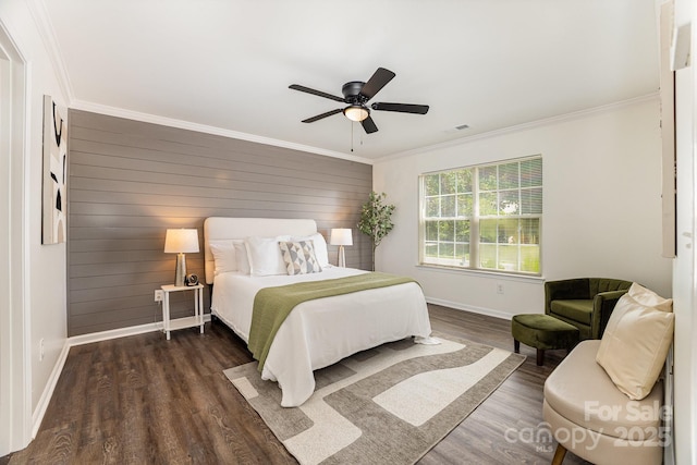 1776 Baylor Dr, Rock Hill, SC 29732 - bedroom featuring baseboards, wood finished floors, crown molding, wooden walls, and a ceiling fan