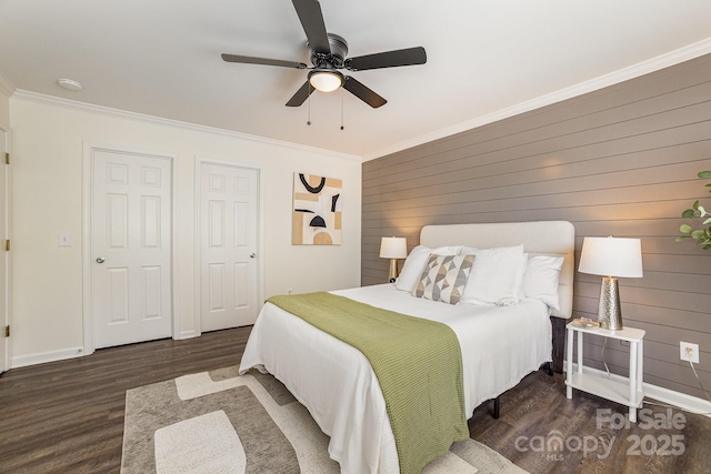 1776 Baylor Dr, Rock Hill, SC 29732 - bedroom with wood finished floors, ornamental molding, wooden walls, a ceiling fan, and baseboards