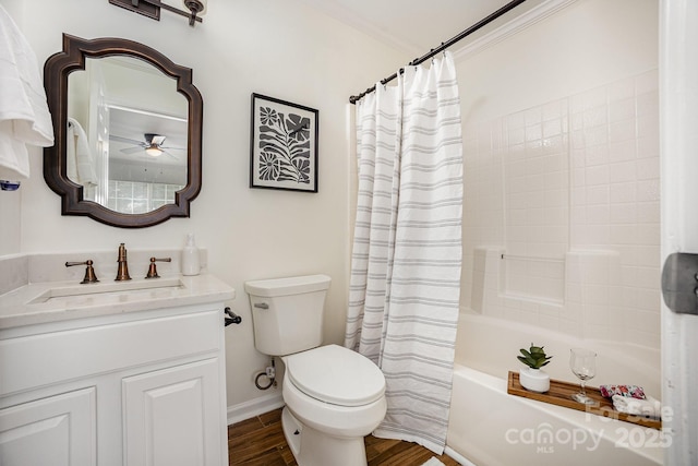 1776 Baylor Dr, Rock Hill, SC 29732 - bathroom featuring wood finished floors, toilet, a ceiling fan, vanity, and shower / tub combo with curtain