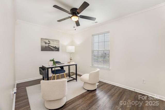 1776 Baylor Dr, Rock Hill, SC 29732 - living area with dark wood-type flooring, a ceiling fan, ornamental molding, baseboards, and a desk