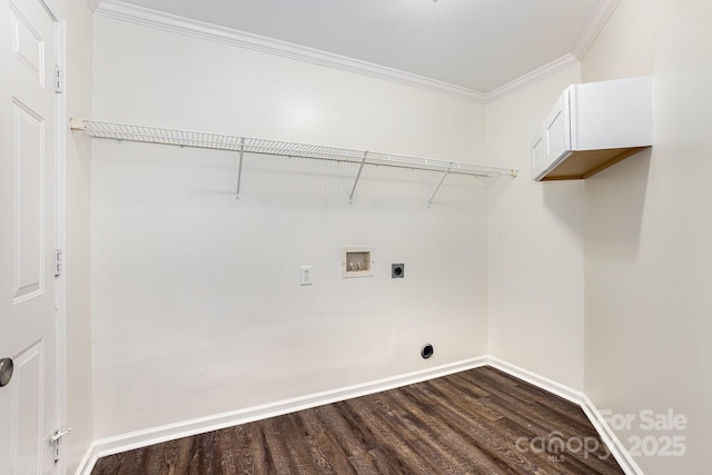1776 Baylor Dr, Rock Hill, SC 29732 - laundry area with hookup for a washing machine, electric dryer hookup, dark wood-style flooring, and crown molding