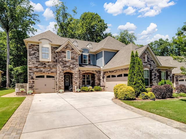1006 Wellington Ave, Indian Land, SC 29707 - french country home with roof with shingles, driveway, stone siding, a front yard, and an attached garage