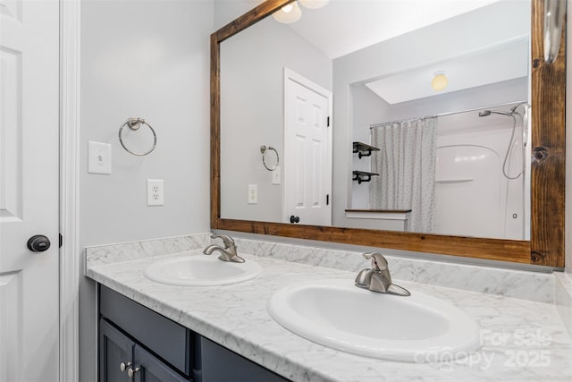 9593 Indian Beech Ave NW, Concord, NC 28027 - bathroom featuring double vanity and a shower with shower curtain