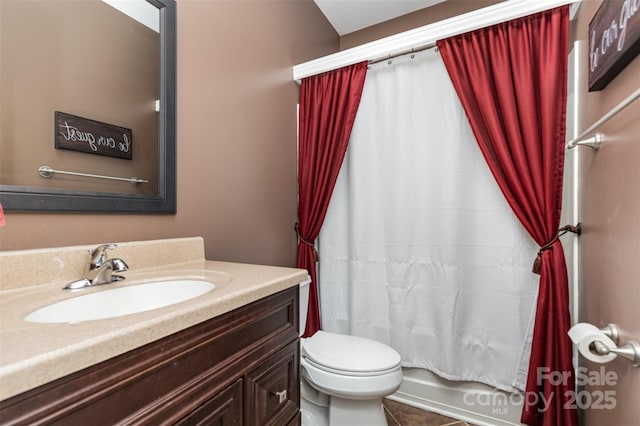 9593 Indian Beech Ave NW, Concord, NC 28027 - bathroom with toilet, vanity, shower / bath combination with curtain, and tile patterned flooring