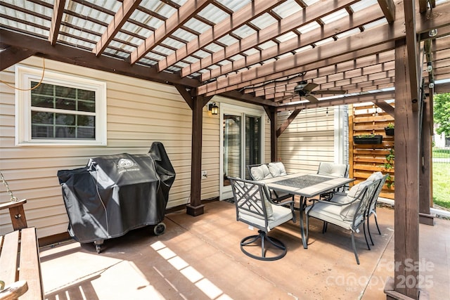 9593 Indian Beech Ave NW, Concord, NC 28027 - wooden terrace featuring ceiling fan, outdoor dining space, a pergola, and a patio area