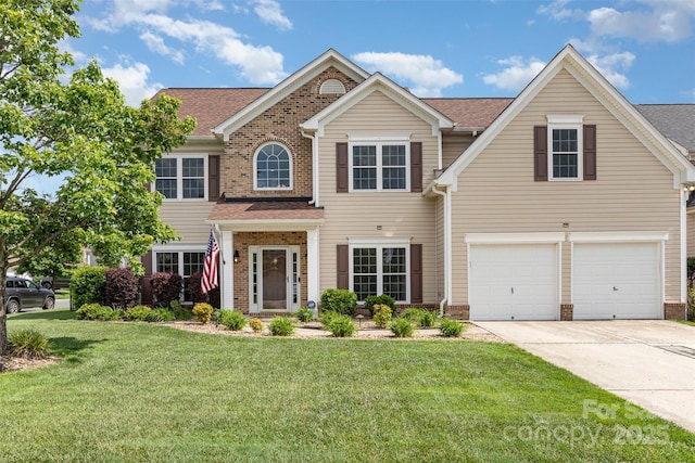 9593 Indian Beech Ave NW, Concord, NC 28027 - traditional home featuring concrete driveway, a garage, a front lawn, brick siding, and a shingled roof