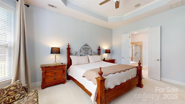 8605 Soaring Eagle Ln, Waxhaw, NC 28173 - bedroom featuring light colored carpet, ornamental molding, baseboards, ensuite bath, and ceiling fan