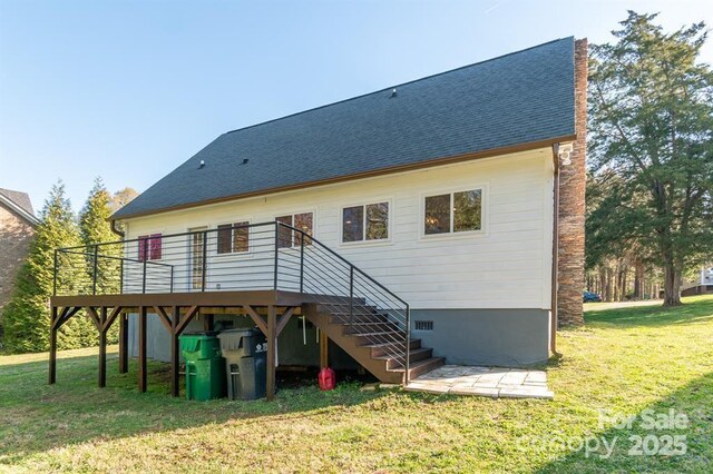 3921 Bon Rea Dr, Charlotte, NC 28226 - rear view of property with a yard, a deck, roof with shingles, and stairway