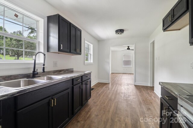 330 Willow Oak Cir, Lancaster, SC 29720 - kitchen featuring a sink, dark wood-type flooring, baseboards, ceiling fan, and dark cabinetry