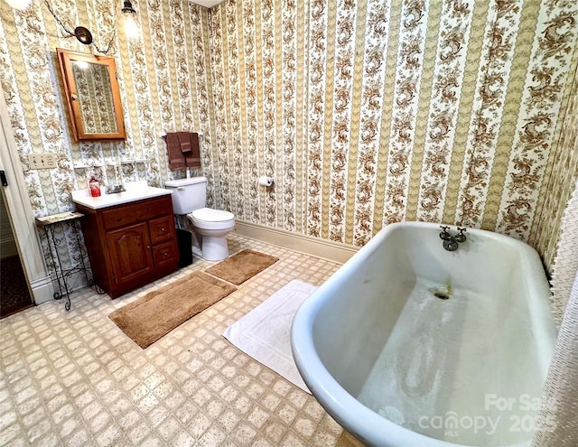 4689 Lakeview Acres Rd, Valdese, NC 28690 - bathroom with a bathtub, vanity, wallpapered walls, and tile patterned floors