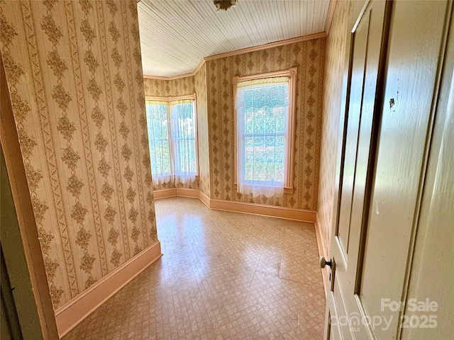 4689 Lakeview Acres Rd, Valdese, NC 28690 - spare room with crown molding, wallpapered walls, and wood ceiling