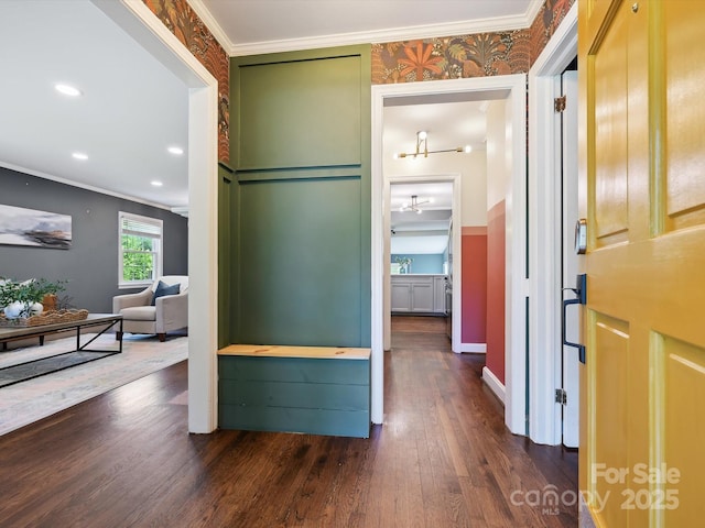 827 Fairbanks Rd, Charlotte, NC 28210 - hall with dark wood-style floors, ornamental molding, baseboards, and recessed lighting