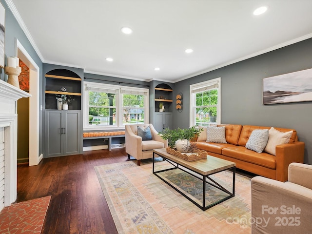 827 Fairbanks Rd, Charlotte, NC 28210 - living area with ornamental molding, wood finished floors, recessed lighting, and a fireplace