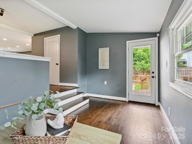 827 Fairbanks Rd, Charlotte, NC 28210 - doorway to outside featuring stairs, wood finished floors, baseboards, and recessed lighting