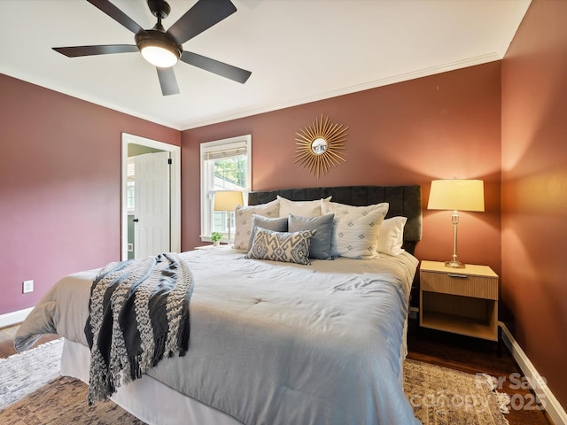 827 Fairbanks Rd, Charlotte, NC 28210 - bedroom with wood finished floors, baseboards, crown molding, and a ceiling fan