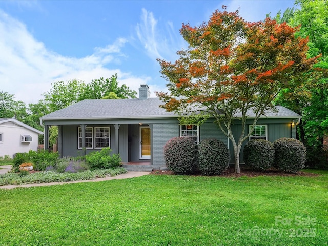 827 Fairbanks Rd, Charlotte, NC 28210 - ranch-style house featuring a chimney, a front lawn, and covered porch