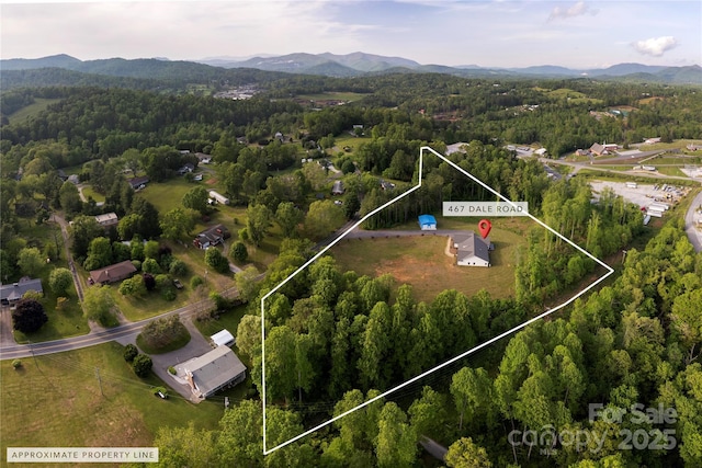 467 Dale Rd, Spruce Pine, NC 28777 - aerial view of property's location featuring property parcel outlined, mountains, and a heavily wooded area